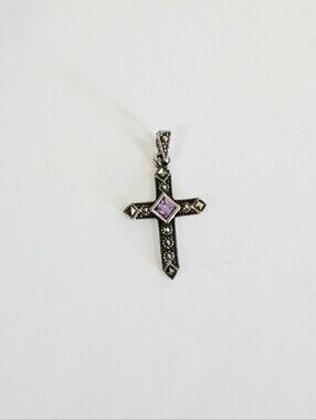 Vintage Charles Winston Art Deco 925 Silver Marcasite Amethyst Cross Pendant